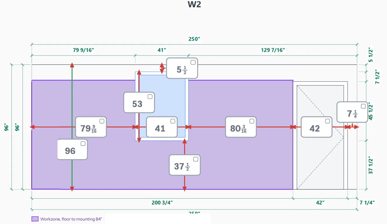 Elevation of wall W2: 250 inches wide, a 41 inch window, a 42 inch door, workzone floor to mounting 84 inches, with trim-to-wall and trim-to-trim dimensions