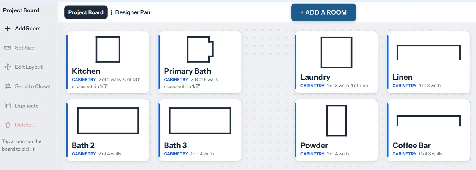 Project Board for a designer with eight rooms