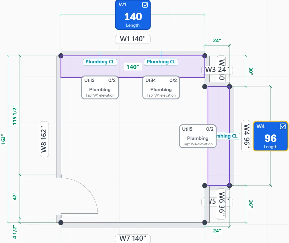 Plan view with two walls mapped as workzones, plumbing centerlines marked, wall W1 140 inches and W4 96 inches